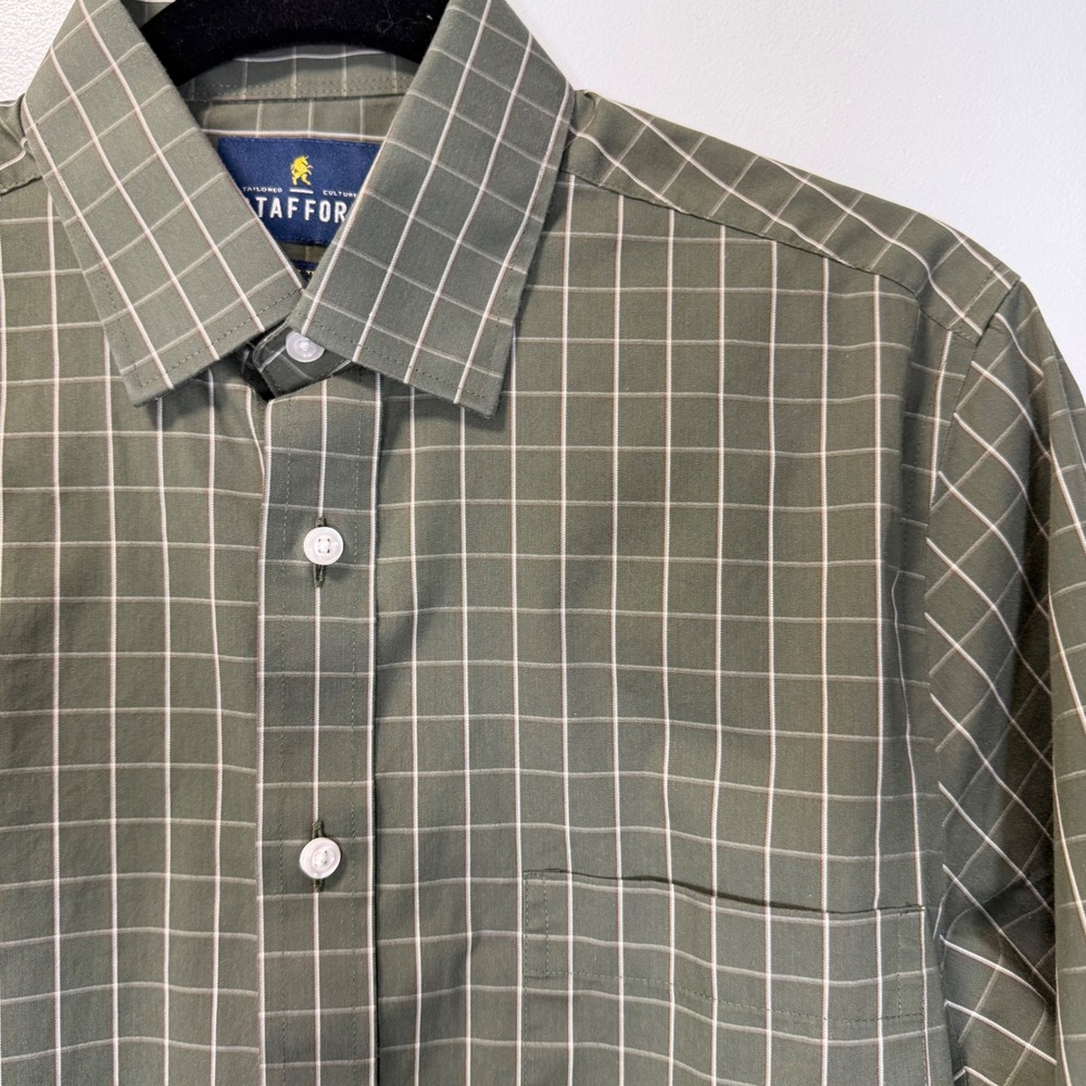 Stafford Smart Tech Mens Olive Green Windowpane Plaid Stretch Button Down Shirt‎